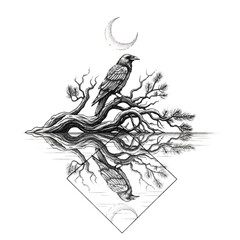 Obraz premium Black bird sitting on tree branch.