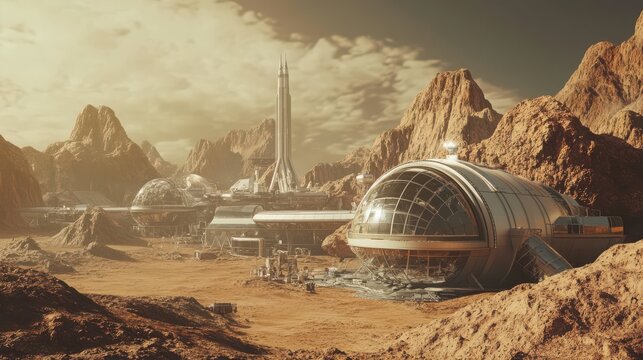 Futuristic Mars Colony on Rocky Surface with Domed Habitats