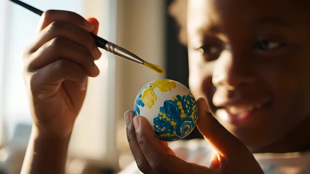 Black girl painting intricate patterns on Easter egg, creative child artist enjoying holiday craft at home. Perfect for Mother's Day marketing, family lifestyle, and art education.