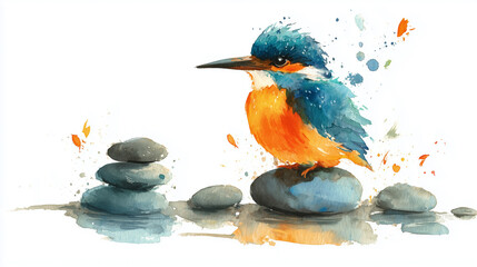 Fototapeta premium Kingfisher background with watercolor bird, copy space