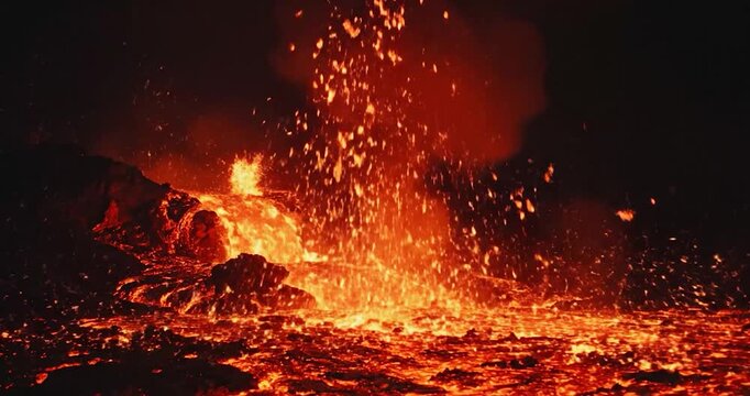 Glowing Lava Erupting From Active Volcano Crater At Night In Nature
