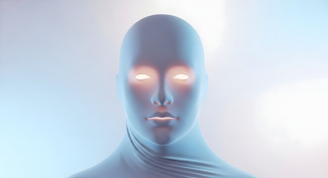 Serene humanoid face with glowing features and draped fabric. Digital divinity and ethereal presence. Portrait of a bald figure with glowing eyes and mouth wearing a soft blue garment