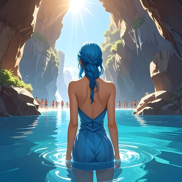 A blue-haired woman in a blue dress standing in water