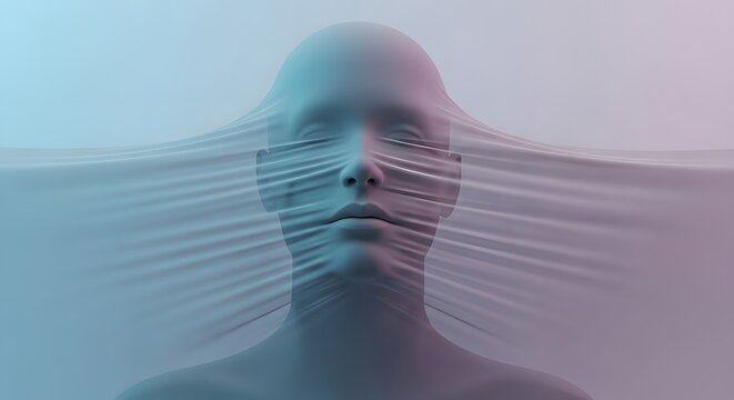 Calm face pressed against ribbed translucent material. Suffocation and sensory deprivation concepts. Silhouette of a person behind a textured plastic sheet with pastel lighting.