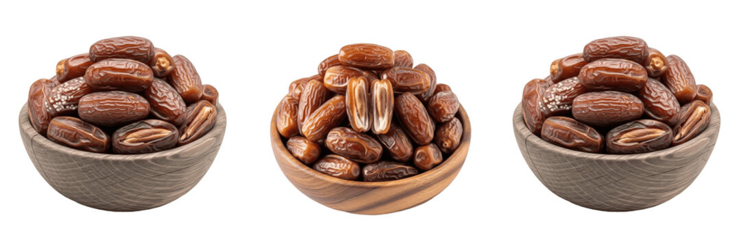 Set of Three Wooden Bowls Filled with Sweet Dried Dates Isolated on White Background, Organic Superfood Fruit, Healthy Snacks, Middle Eastern Cuisine Ingredient, Professional PNG Stock Photo from imag
