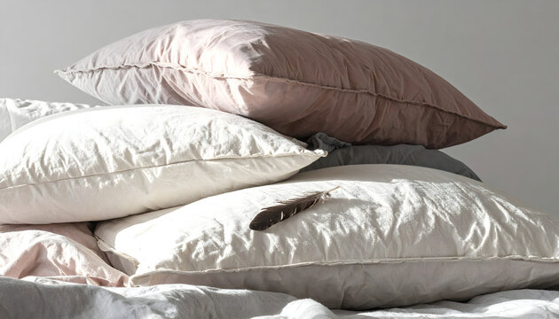 Plush oversized pillows in grey cream and dusty rose colors with linen texture and a single feather in soft diffused light generative AI