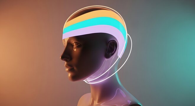 Human head with horizontal neon bands across eyes. Censorship and data privacy. Mannequin face with glowing colorful stripes symbolizing hidden identity or futuristic vision.