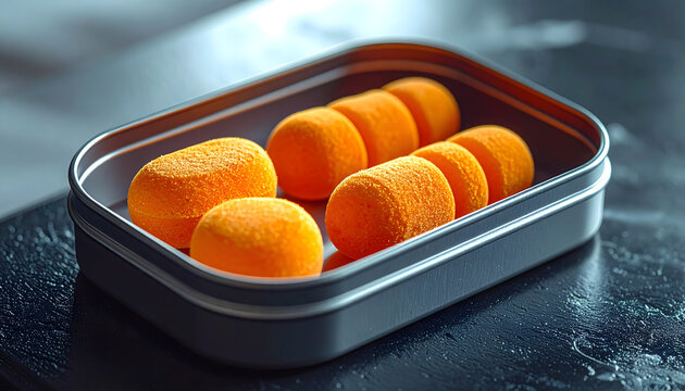 Mint tin open on a dark bedside table containing bright orange foam earplugs for silence in a noisy modern world generative AI