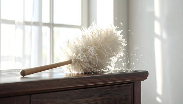 Ostrich feather duster resting on a dark wood dresser with dust motes in the air against a bright airy window generative AI