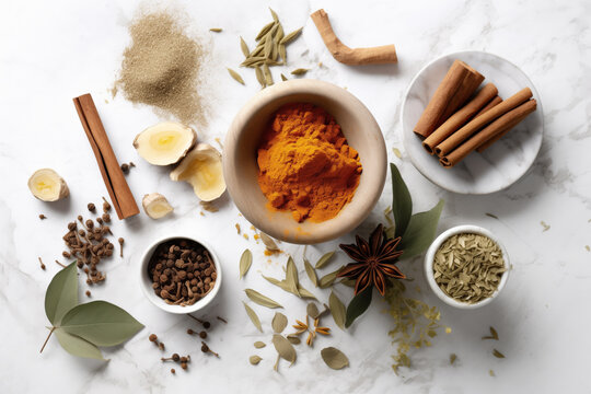 Flat lay composition of Ayurvedic spices and ingredients including turmeric powder in a wooden mortar, cinnamon sticks, ginger slices, and star anise on a white marble surface