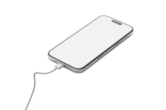 mobile phone in charging blank white screen mockup cutout 3d render perspective view