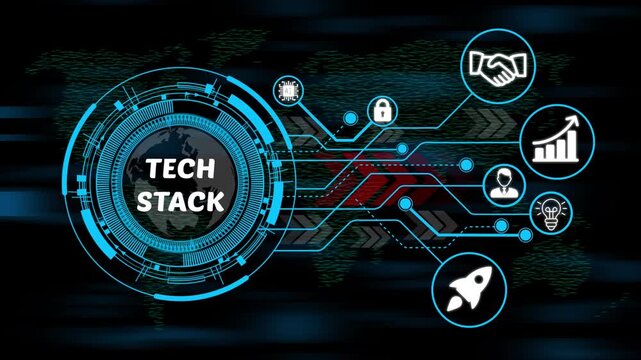 tech stack digital ecosystem concept with smart technology, business icons and high-speed data network. 4k video animation on world map background. 