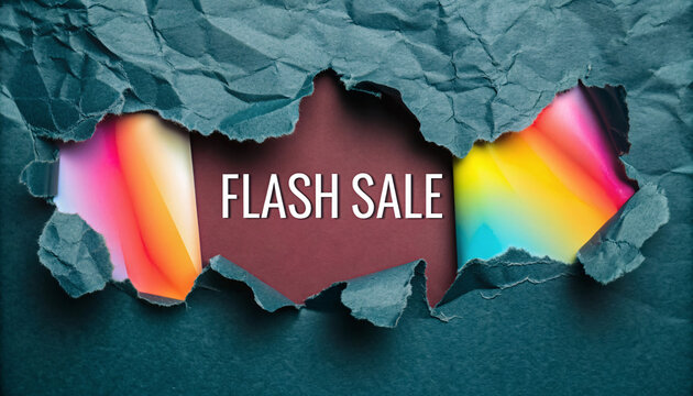 Flash sale concept with torn paper revealing vibrant gradient background and bold flash sale text