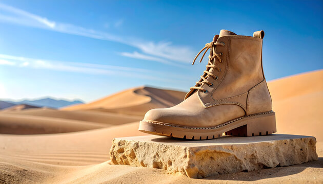 Desert boot made of sand colored nubuck leather on a sandstone block with a crepe sole in soft diffused daylight generative AI