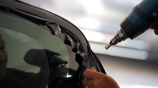 A car wrapping specialist applies a polyurethane film to the car. Detailer PPF
