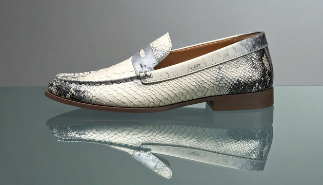Luxury loafer made of python skin standing on a glass surface featuring realistic scales with deep shadows and warm lighting generative AI