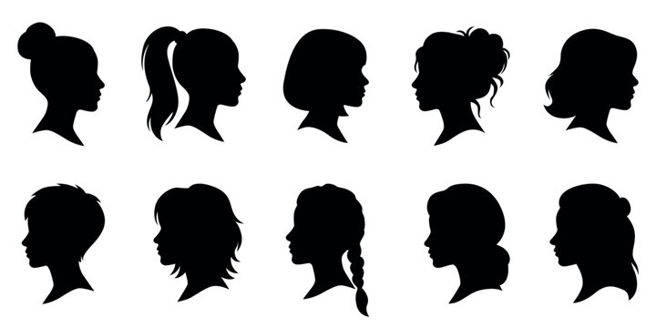 Female cameo head silhouettes side view profile elegant woman vector set