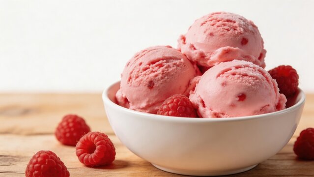 Pink ice cream with raspberries in bowl