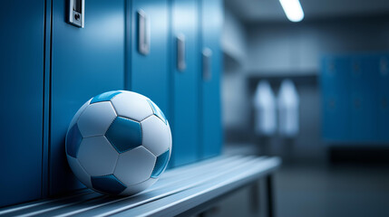 Naklejka premium Close-up of a soccer ball resting on a locker room bench in dim light with empty lockers in background, pre-match atmosphere concept, sports preparation detail, team ritual,