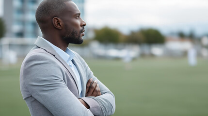 Naklejka premium Rear view of a professional manager standing with hands clasped behind his back watching training, observational coaching concept, thoughtful sports leadership, training