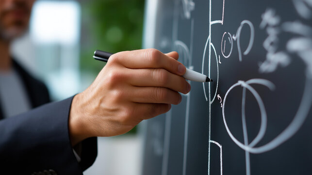 Close-up of a coach's hand sketching tactical formations on a blackboard with chalk, football strategy concept, game plan visualization, coaching education, with copy space