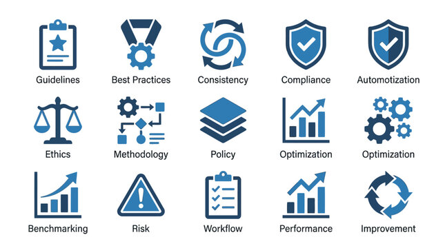Business icons illustrate best practices and compliance guidelines for automation.