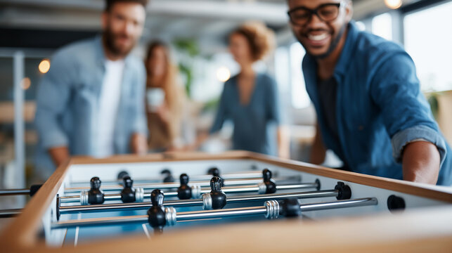 Rear view of office workers playing table football on a break in a modern bright office, recreational sport concept, team bonding activity, workplace fun, defocused background,