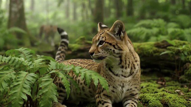 Ocelot Cub Exploring Lush Forest With Another Cub Approaching
