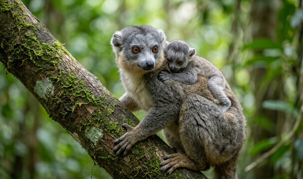 Tender moment of Gray-headed lemur mother carrying baby