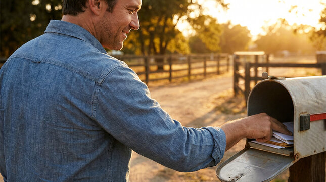 Man checking mailbox with a joyful expression in a countryside setting during sunset