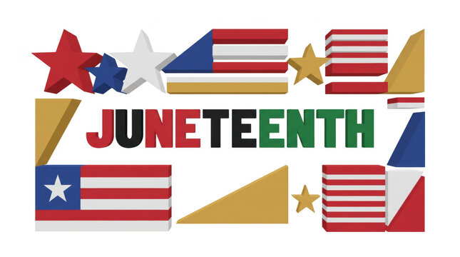 Juneteenth holiday typography graphic with decorative stars and geometric shapes designed for celebration on transparent background on transparent background