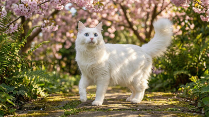 Obraz premium Turkish Angora cat with ethereal mood stepping through sunlit garden with flowers