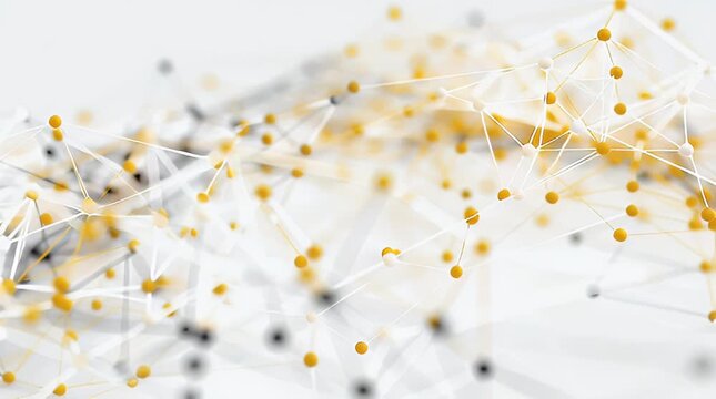 Abstract network connection concept with glowing golden nodes and white lines representing data flow digital communication and interconnectedness in a modern design