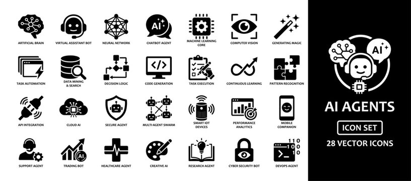 Artificial Intelligence and AI Agents solid icon set. Featuring chatbot assistant, neural networks, machine learning, computer vision, coding, and data automation tasks. Black glyph vector icons.