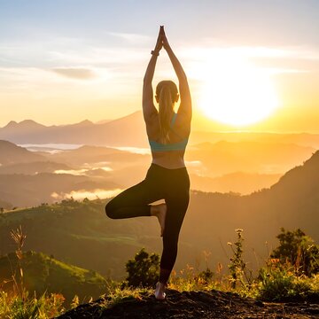 A woman practices yoga on a rocky outcrop overlooking a valley at sunrise