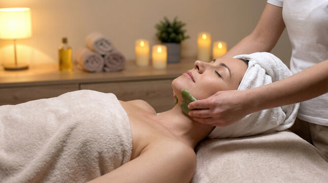 Woman receiving gua sha facial massage lying down with eyes closed, soft spa lighting, relaxation and professional treatment concept