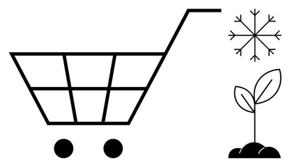 E-commerce, sustainability, seasonal shopping, environmental awareness, green living, eco-friendly practices. Shopping cart with snowflake and plant on white. Sustainability and seasonal shopping © robu_s