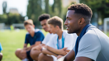 Naklejka premium Rear view of a group of players listening to a coach's halftime talk on a pitch sideline, halftime team talk concept, coaching communication, match interval leadership, defocused