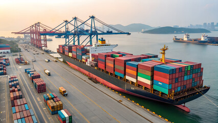 Naklejka premium Cargo Container Ship at Port Terminal
