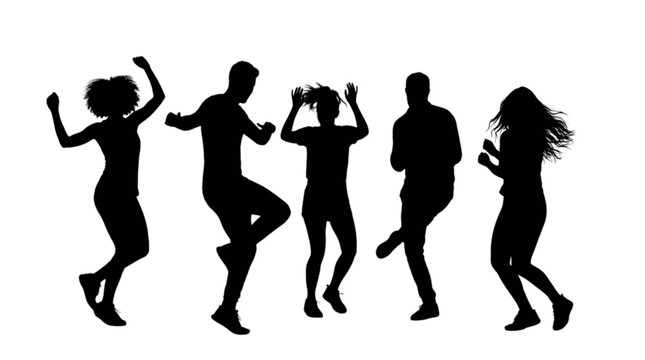 Five people dancing together joyfully silhouette style isolated on transparent background, Vector