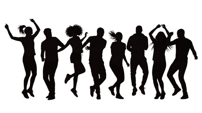 People dancing silhouettes in a joyful group isolated on transparent background, Vector