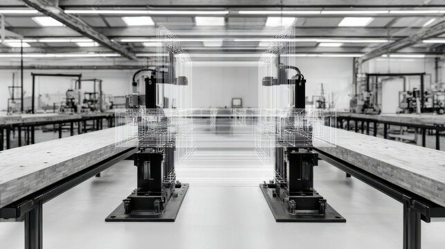 Artificial intelligence and large language models LLM inspire advanced industrial design with precise mechanical structures spacious factory
