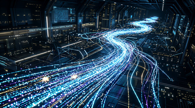 Information streams navigate through a futuristic high-tech corridor, showcasing the rapid transit of digital data within an advanced computer system environment or virtual network.