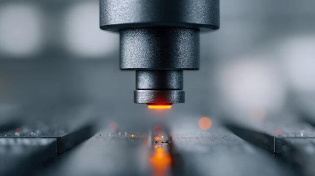 Laser cutting machine head with glowing orange light processing metal sheet industrial factory showing artificial intelligence large language