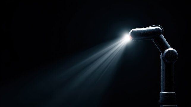 Artificial intelligence large language models LLM concept with robotic arm emitting light beams dark background symbolizing advanced technology