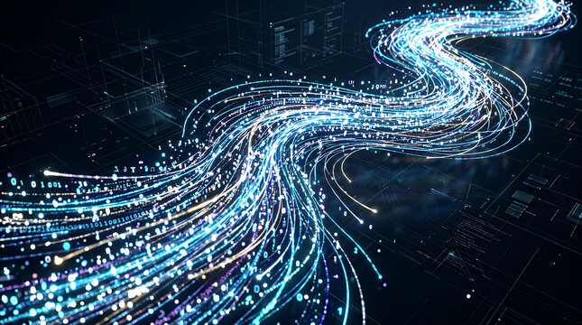 Data flows represent digital information streaming through a complex network architecture, illustrating the rapid transmission of signals across a high-speed global communications infrastructure.