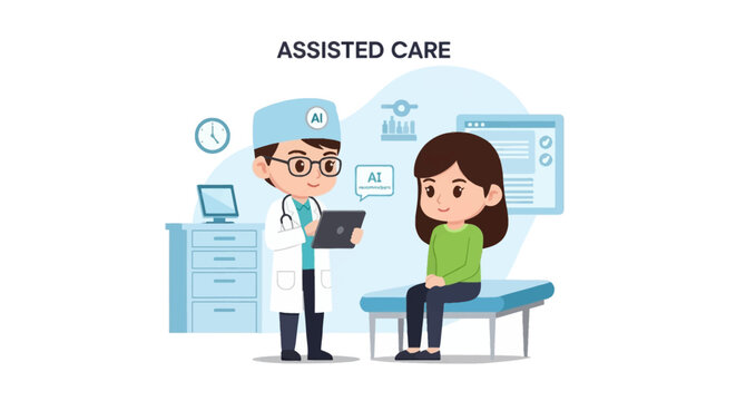 Chibi doctor in a white coat reviewing artificial intelligence recommendations on a tablet device during a patient consultation in a medical office, assisted care concept.