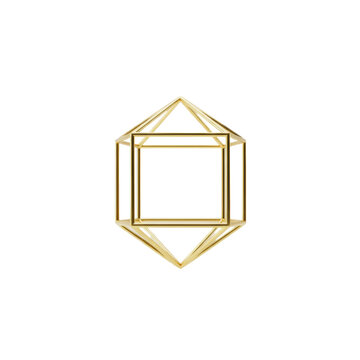 Symmetrical hexagonal prism made of thin polished gold metallic struts floating against a stark matte white studio background, sophisticated premium design atmosphere