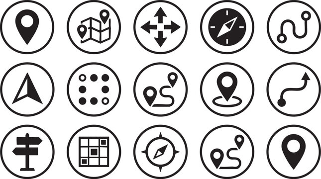 Navigation and location maps icon set with pin markers and compass symbols in circles.