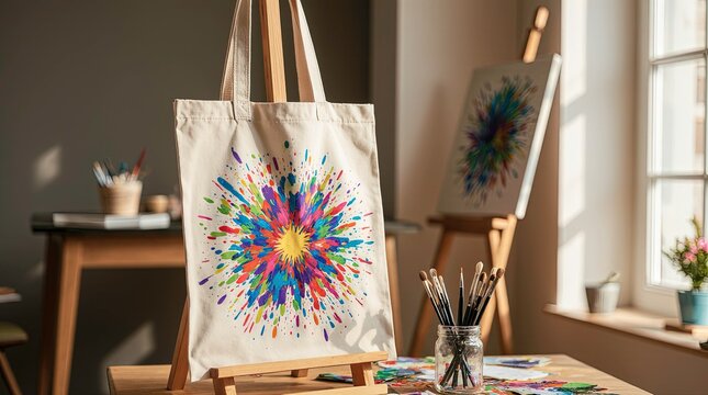 A realistic art studio scene with a beige canvas tote bag placed, featuring a vibrant abstract paint splatter design, surrounding painting tools including paintbrushes in a jar, paint tubes.